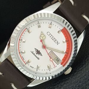 Vintage 1983 Citizen Automatic Mens Silver Watch W/daydate & Red accents